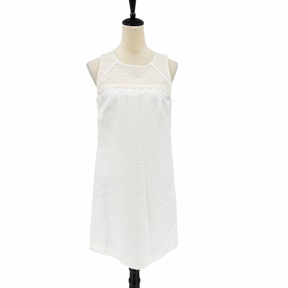 LOFT White Pink Scalloped Embroidered Sleeveless Mini Shift A-Line Dress